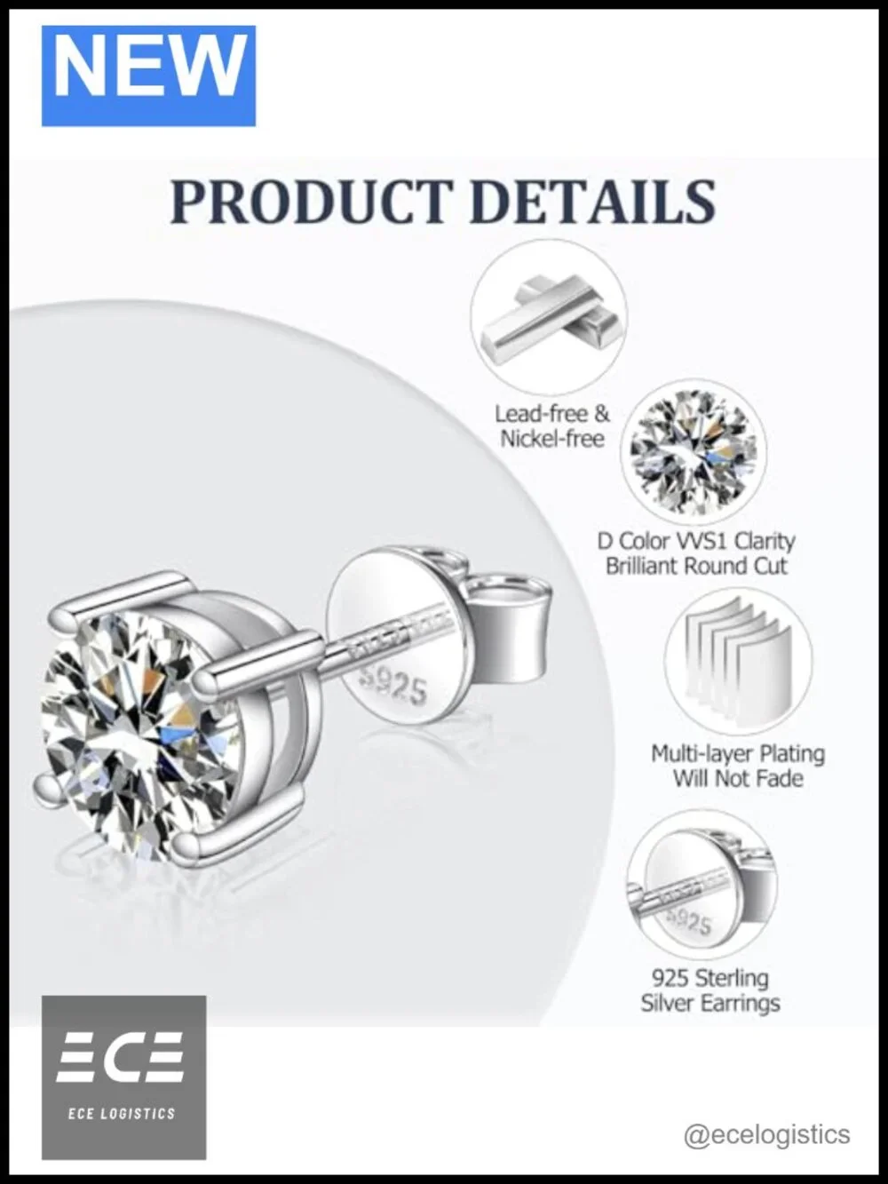 Moissanite Stud Earrings 925 Sterling Silver Hypoallergenic D Color Lab Created
